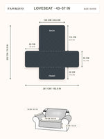 PawKivo loveseat cover size guide with laid-flat and fitted dimensions in centimeters and inches