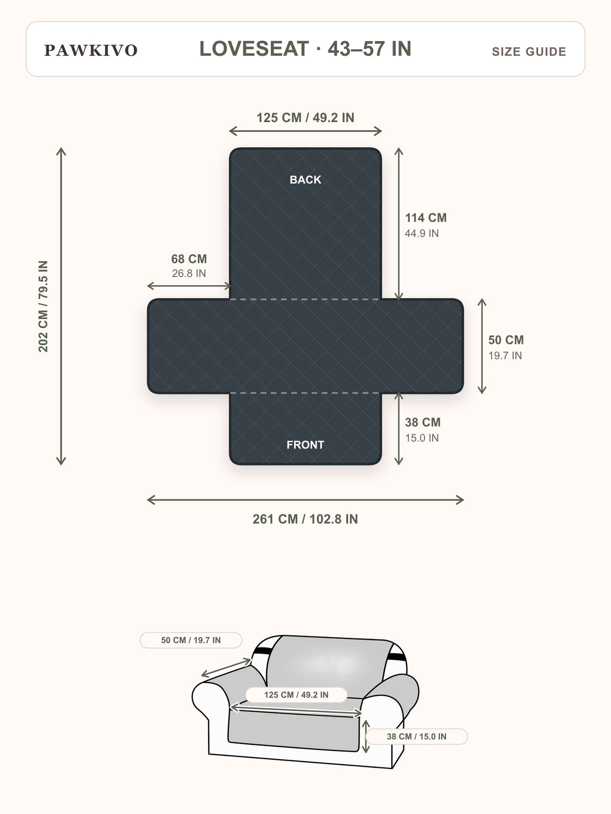 PawKivo loveseat cover size guide with laid-flat and fitted dimensions in centimeters and inches
