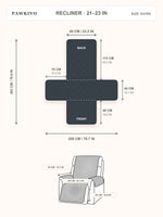 PawKivo recliner cover size guide with laid-flat and fitted dimensions in centimeters and inches