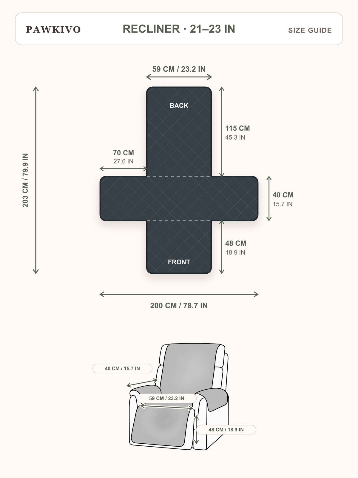 PawKivo recliner cover size guide with laid-flat and fitted dimensions in centimeters and inches
