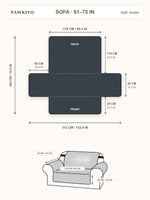 PawKivo sofa cover size guide with laid-flat and fitted dimensions in centimeters and inches