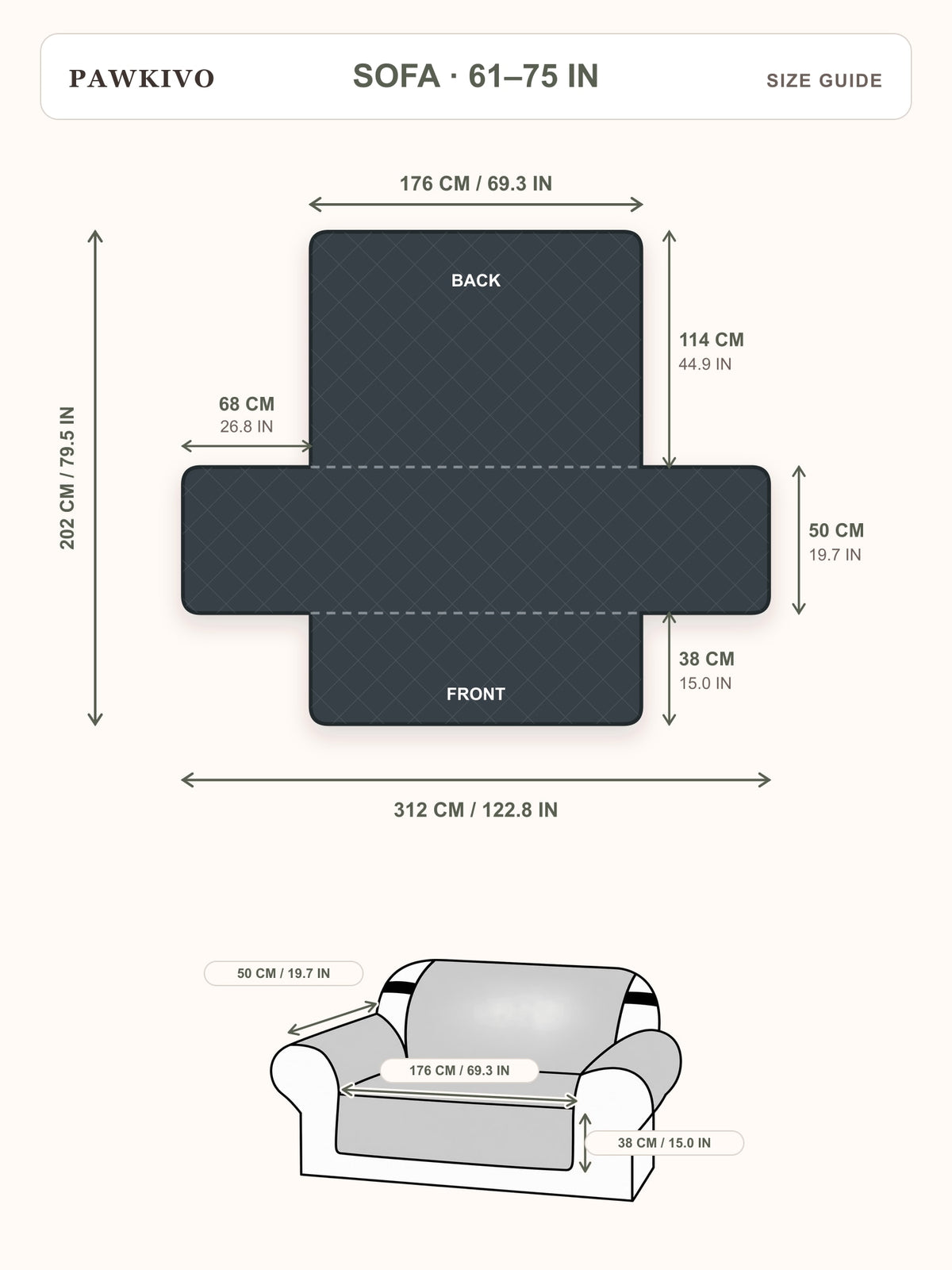 PawKivo sofa cover size guide with laid-flat and fitted dimensions in centimeters and inches