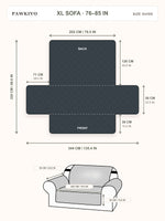 PawKivo xl sofa cover size guide with laid-flat and fitted dimensions in centimeters and inches