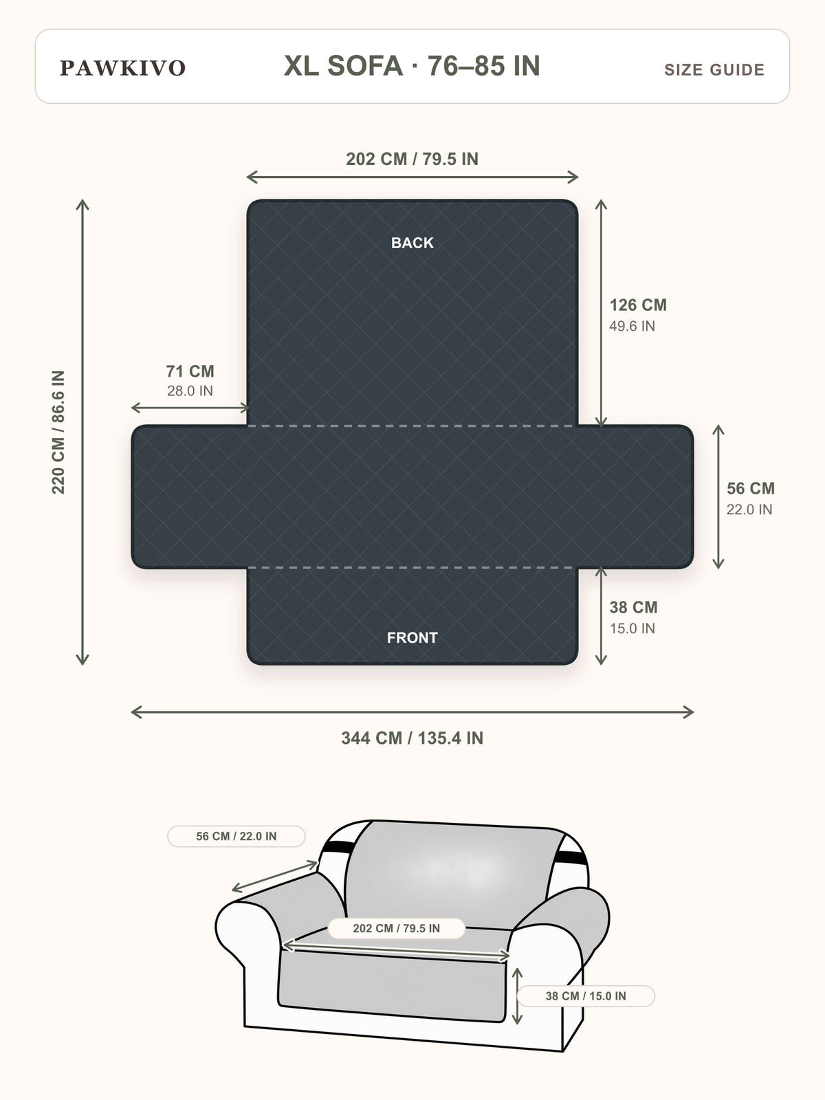 PawKivo xl sofa cover size guide with laid-flat and fitted dimensions in centimeters and inches