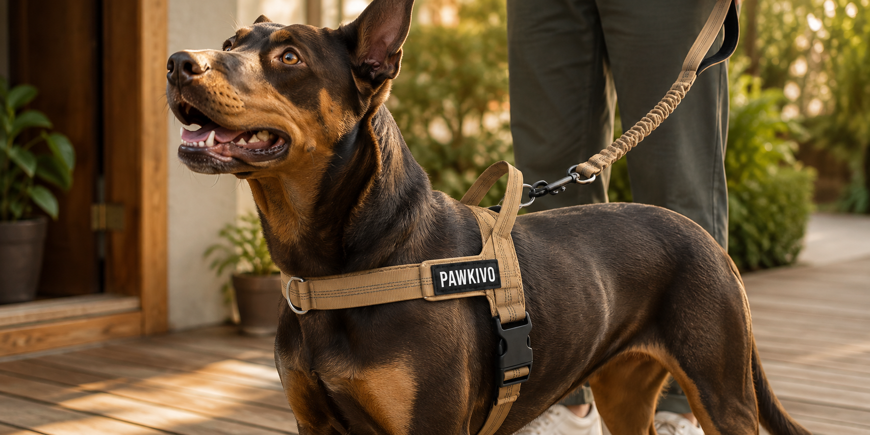 Dog ready for a walk in a personalized PawKivo harness