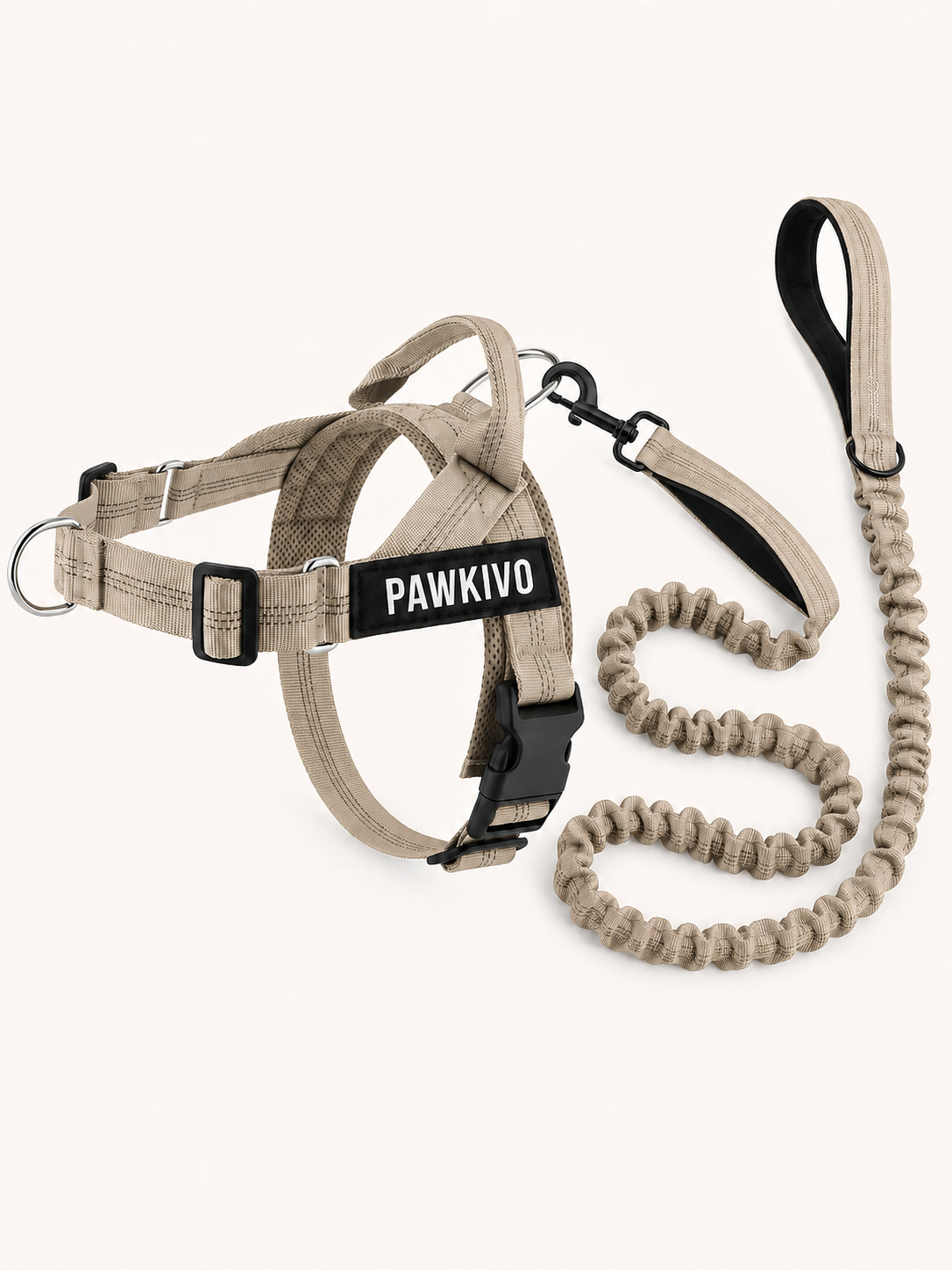 Beige personalized dog harness and bungee leash set