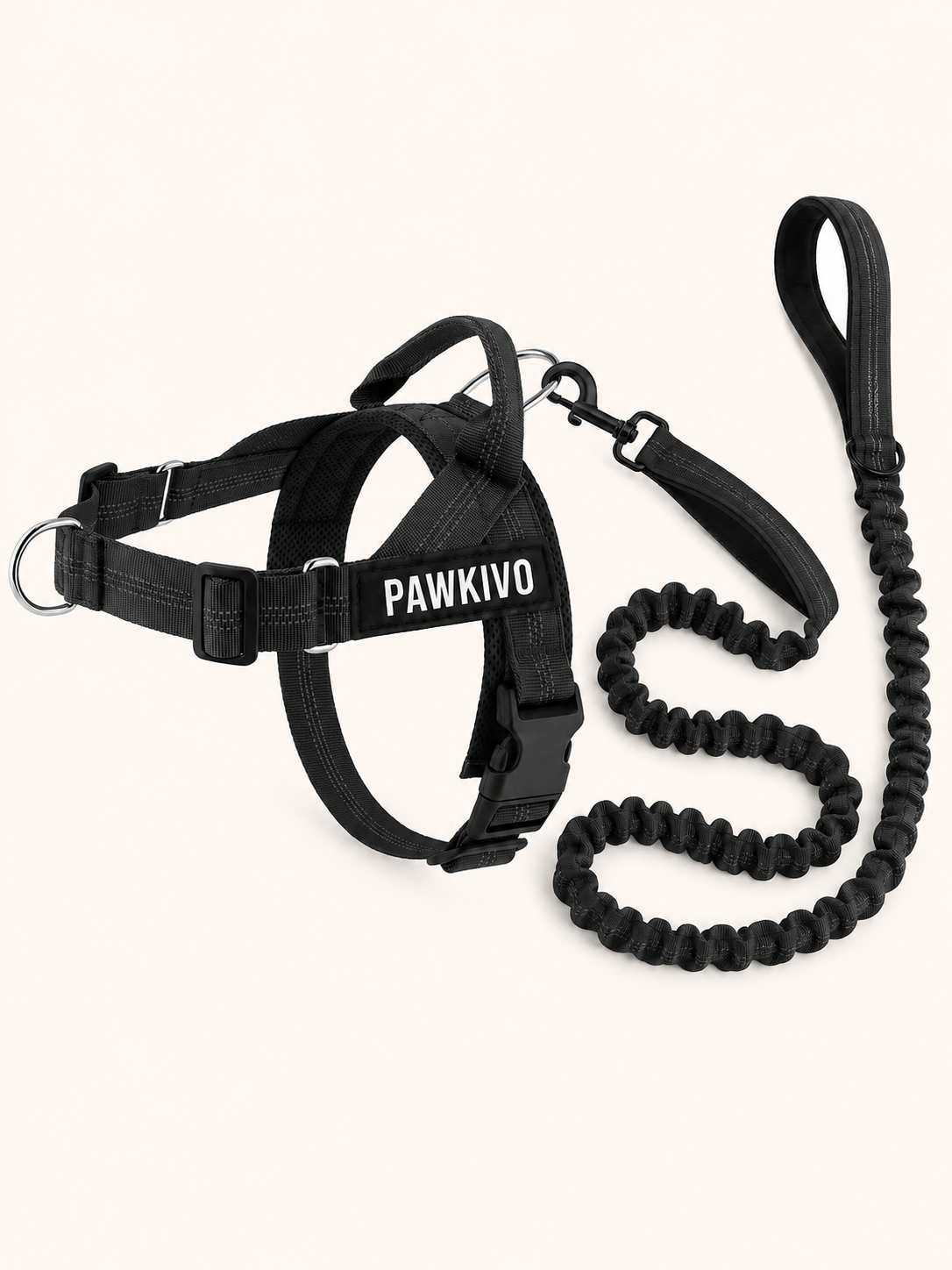 Black personalized dog harness and bungee leash set