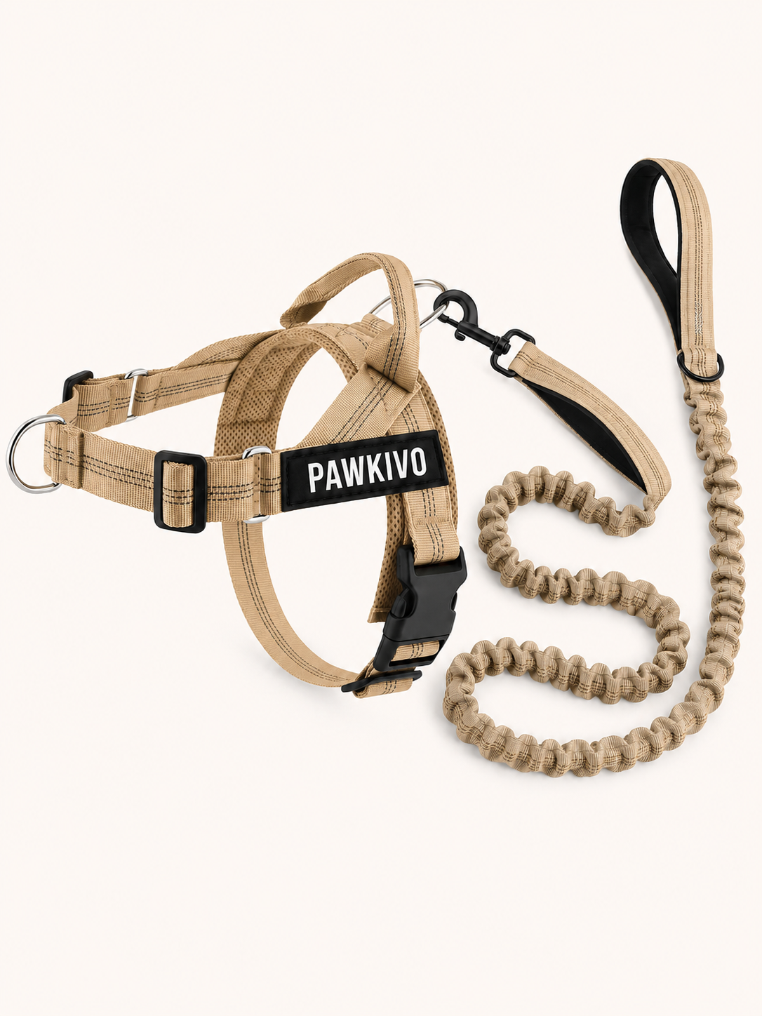 Brown personalized dog harness and camel bungee leash set