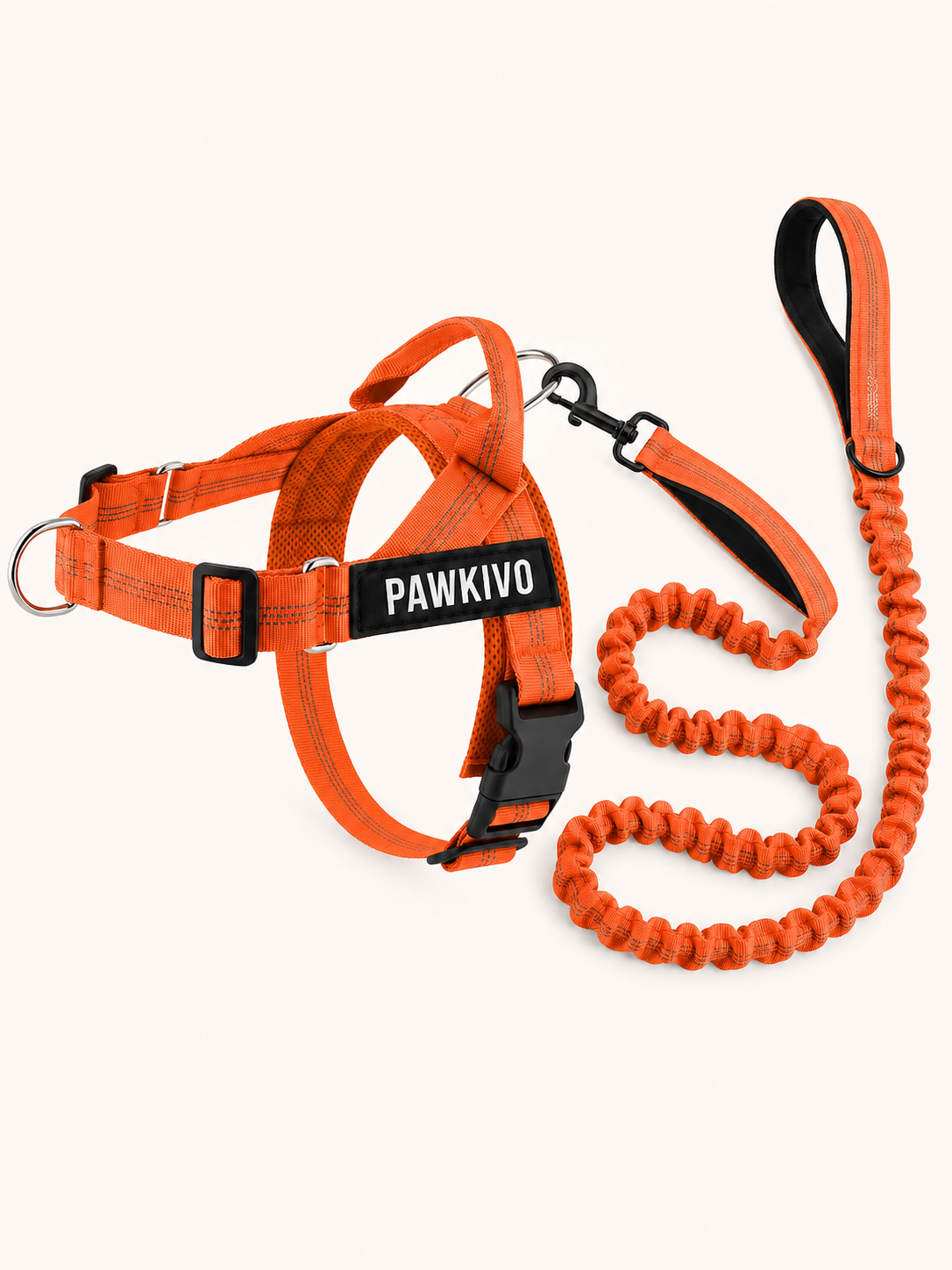 Orange personalized dog harness and bungee leash set
