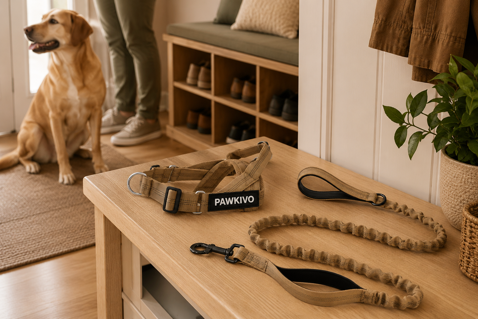 Dog harness and bungee leash ready by the door