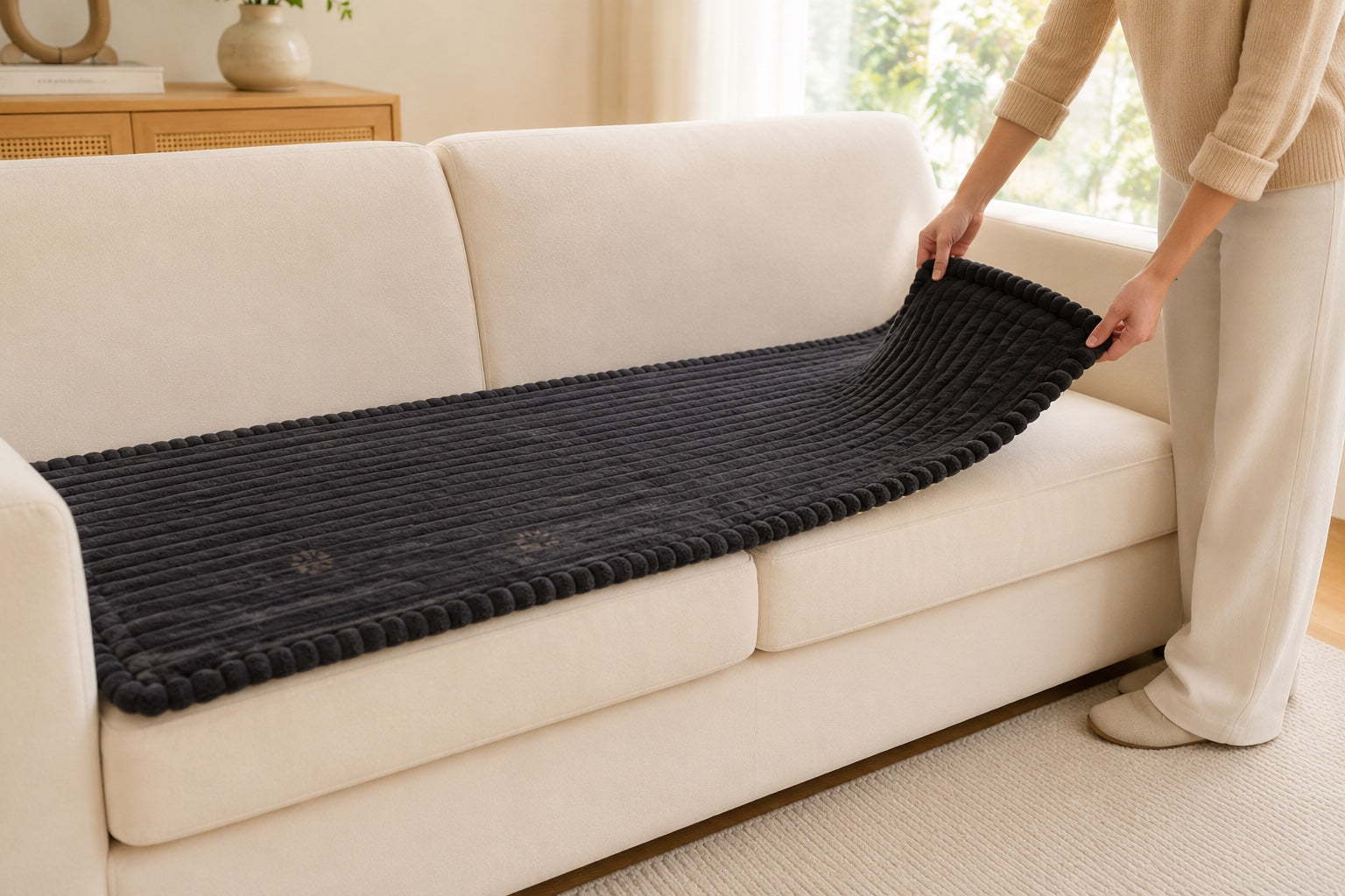 Owner lifting the removable pet couch cover away from clean sofa cushions