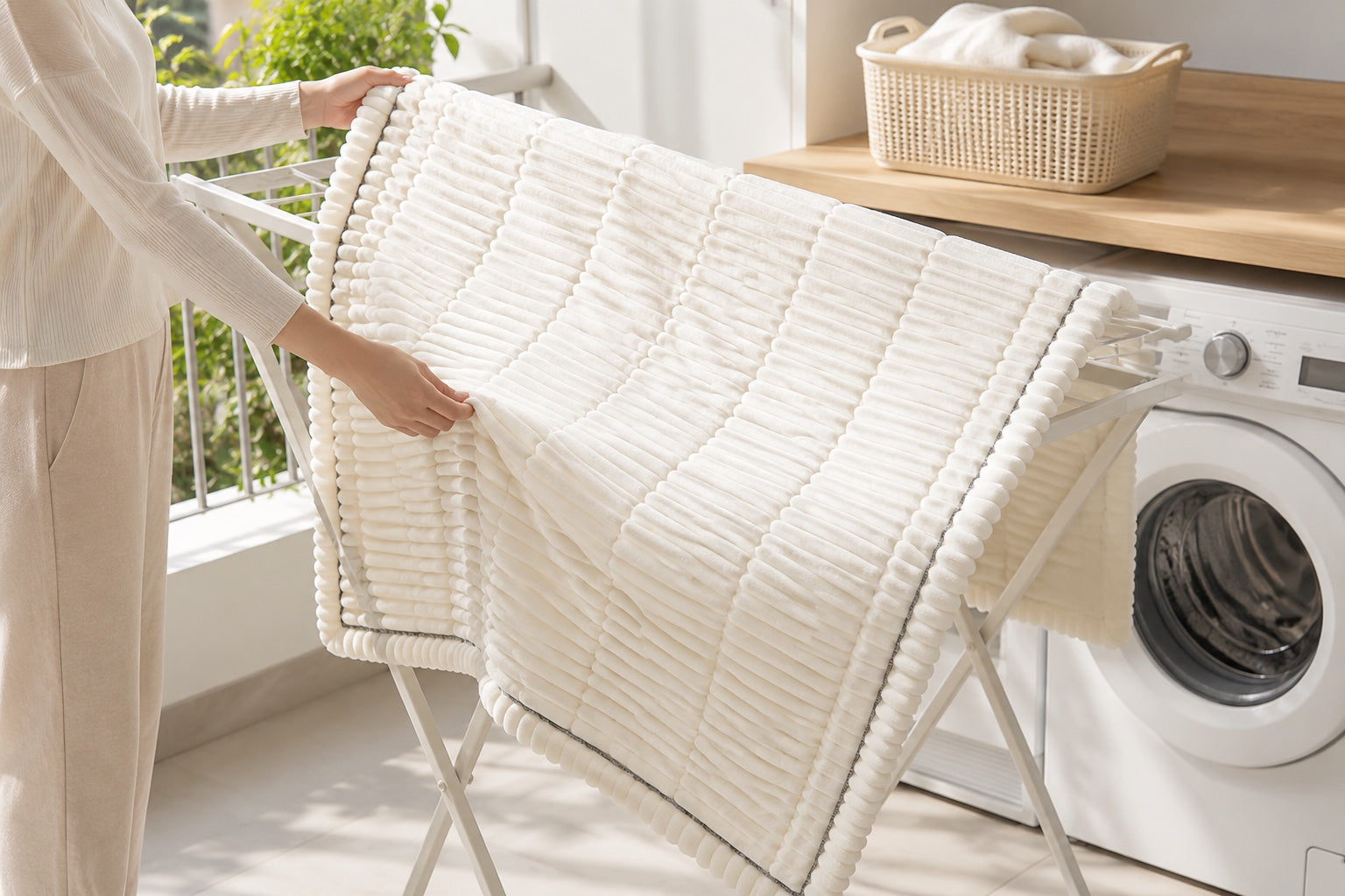 Clean ribbed pet couch cover drying on a rack beside a washing machine