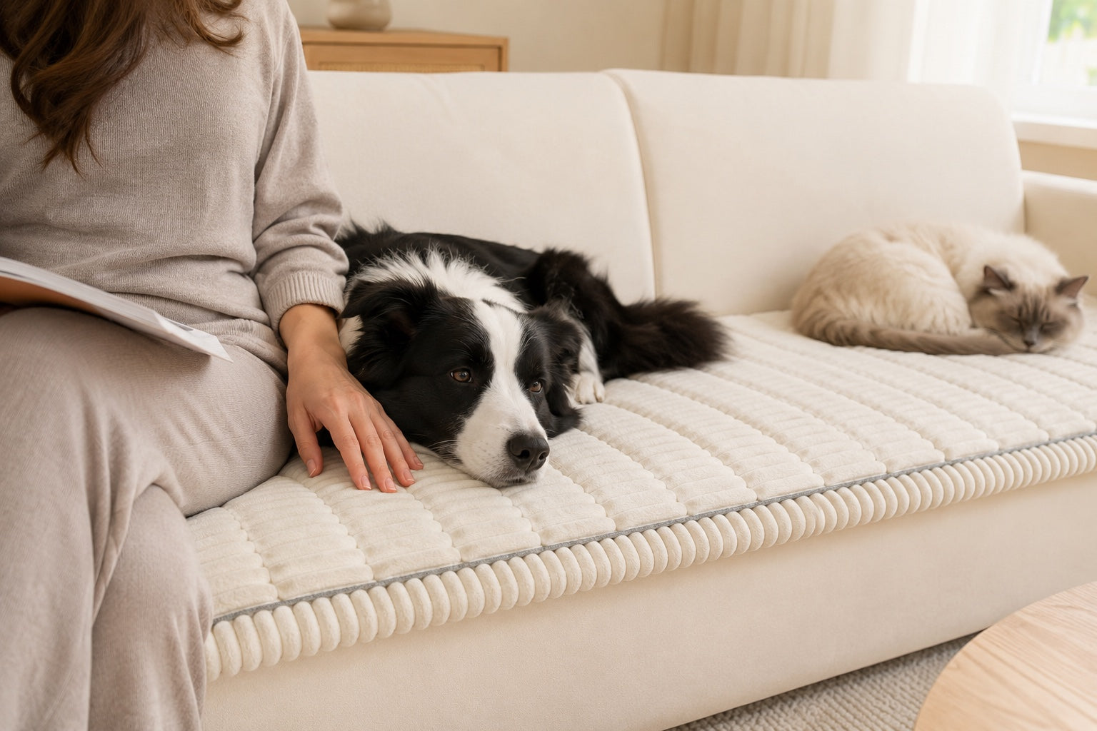 Jack Russell Terrier and cat resting beside their owner on a plush pet couch cover