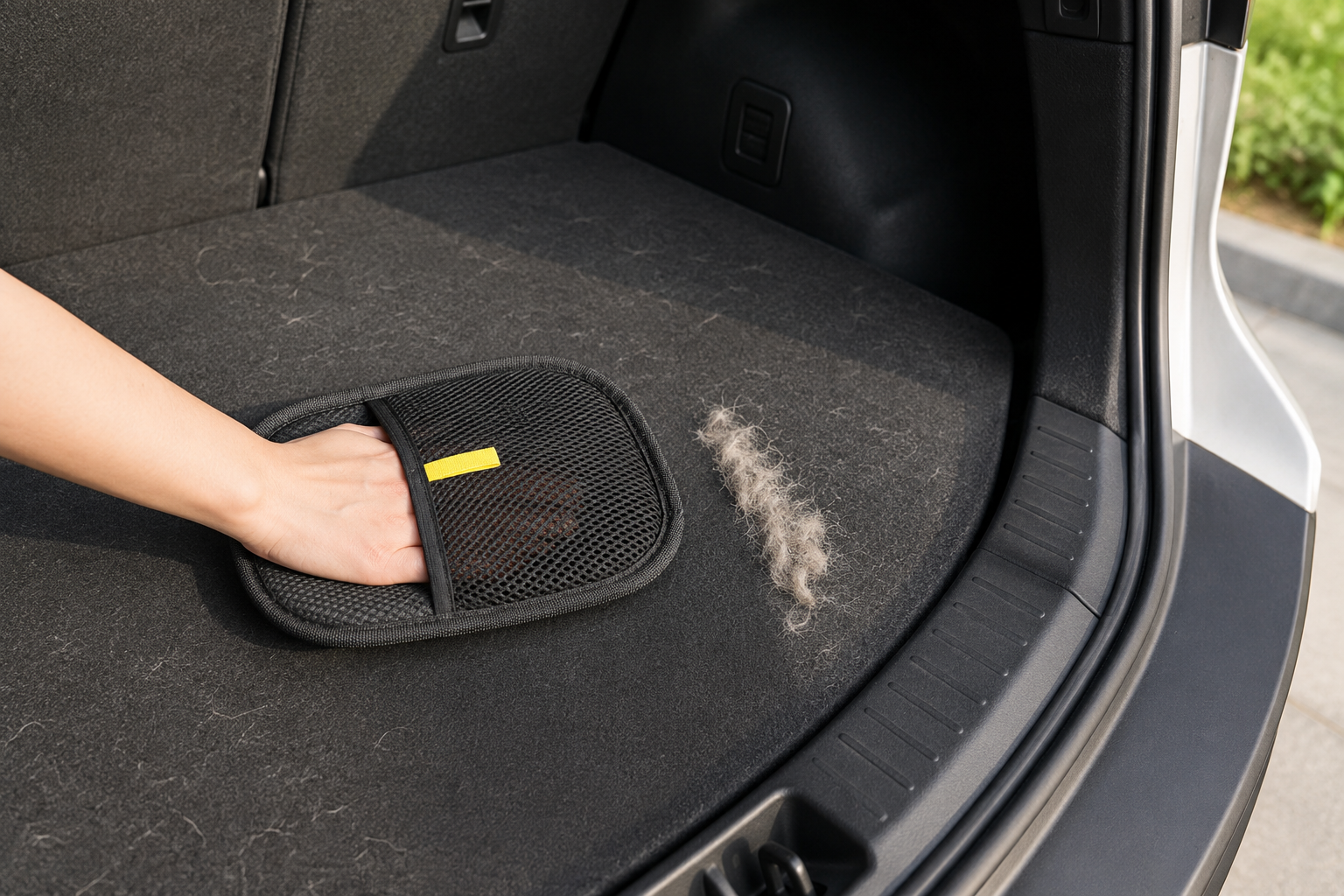 Pet hair removal glove cleaning pet hair from a car seat area