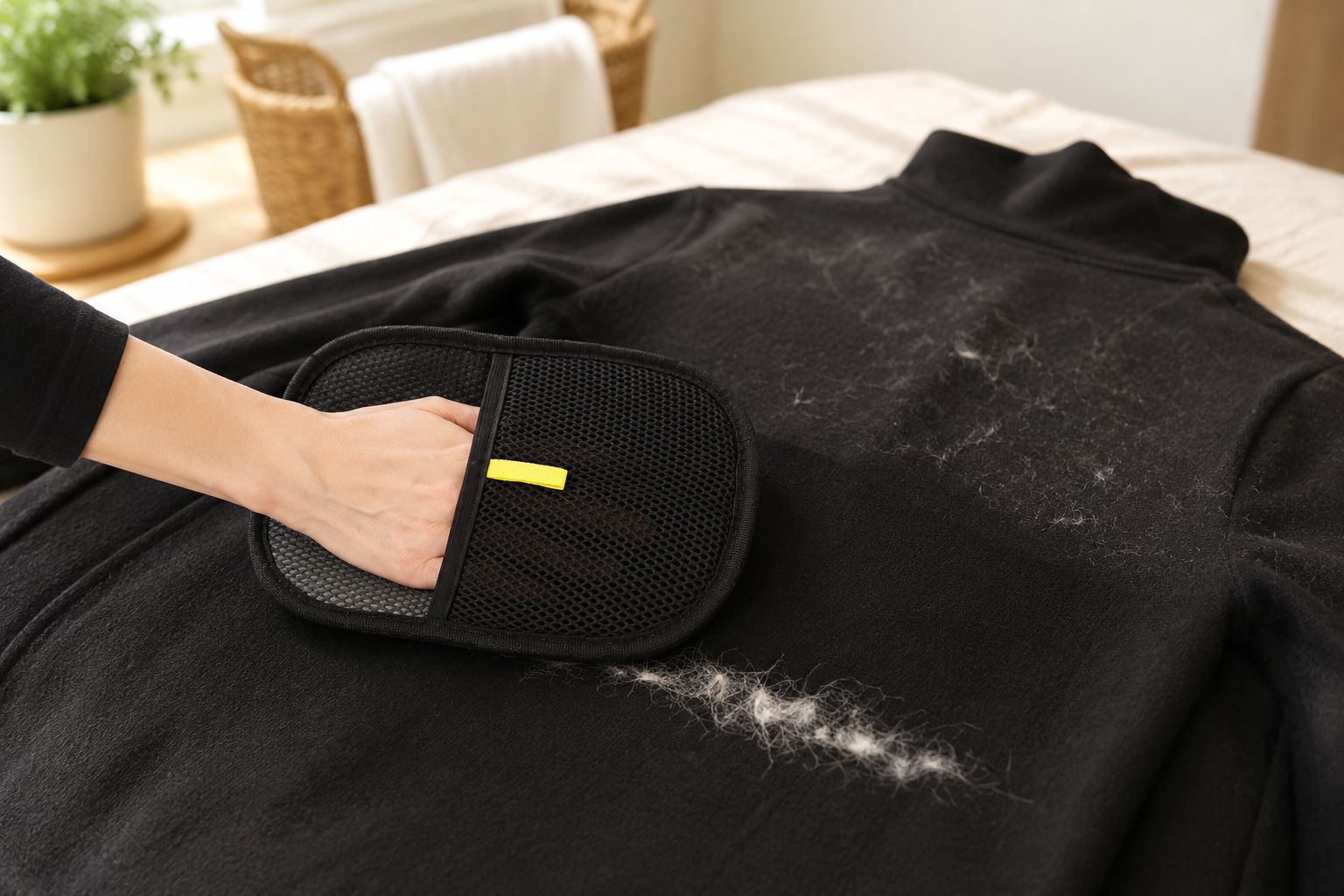 Pet hair removal glove cleaning visible fur from dark clothing