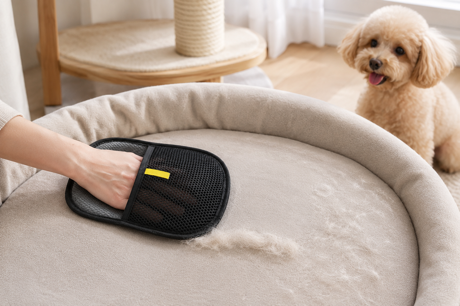 Pet hair removal glove cleaning a pet bed with a dog nearby