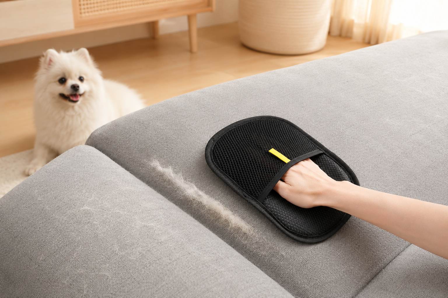 Pet hair removal glove cleaning pet hair from a sofa cushion