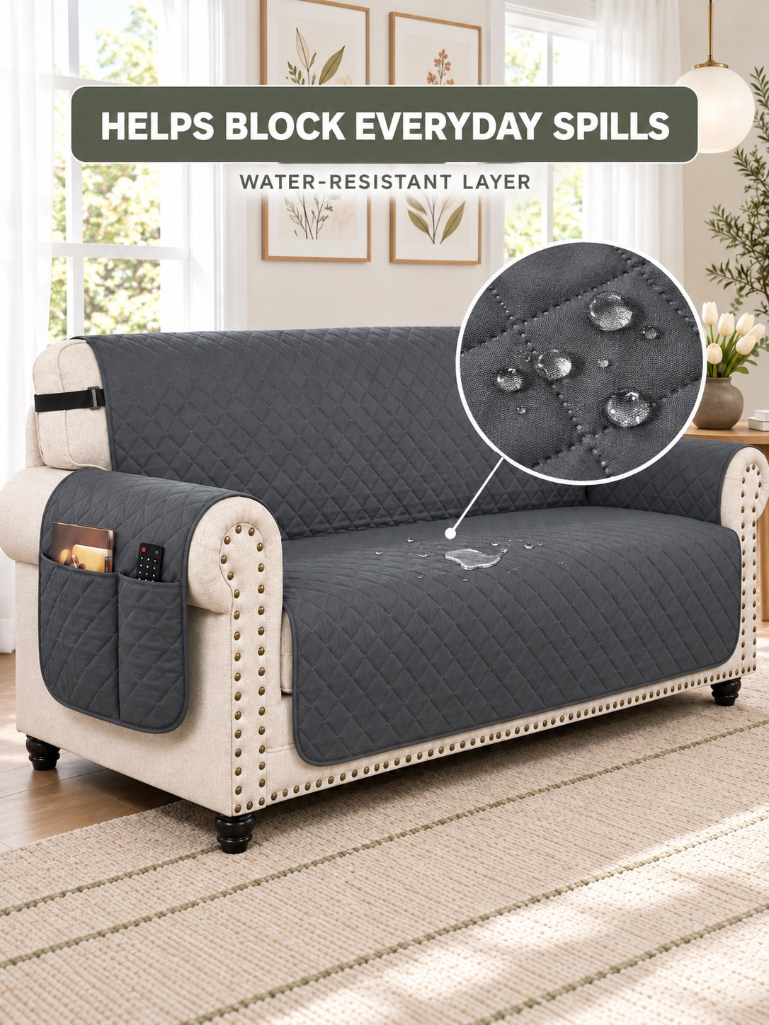 Pet relaxing on a couch protected by a PawKivo quilted cover
