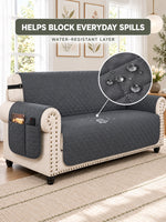 Pet relaxing on a couch protected by a PawKivo quilted cover