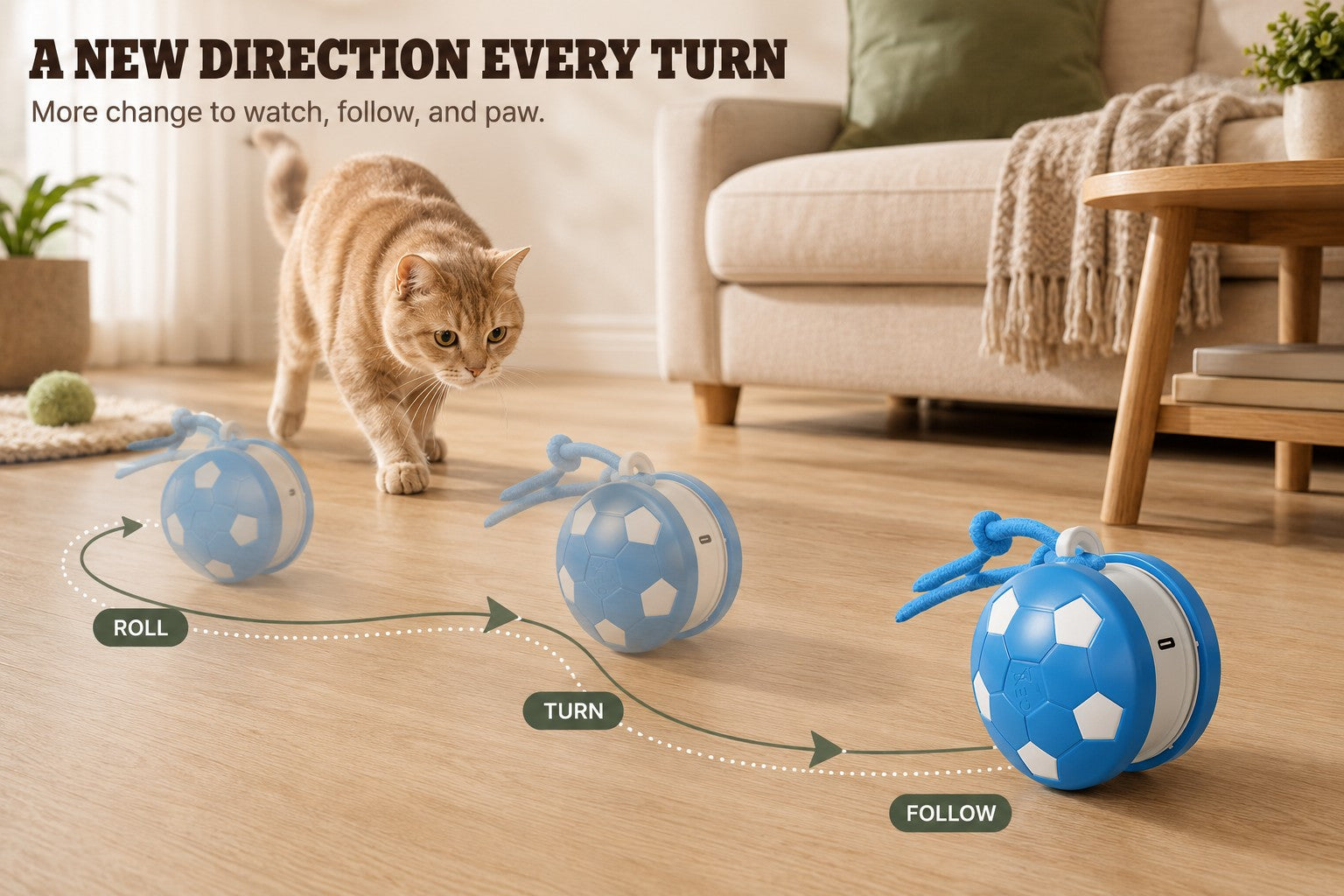 Pet following the toy as it changes direction