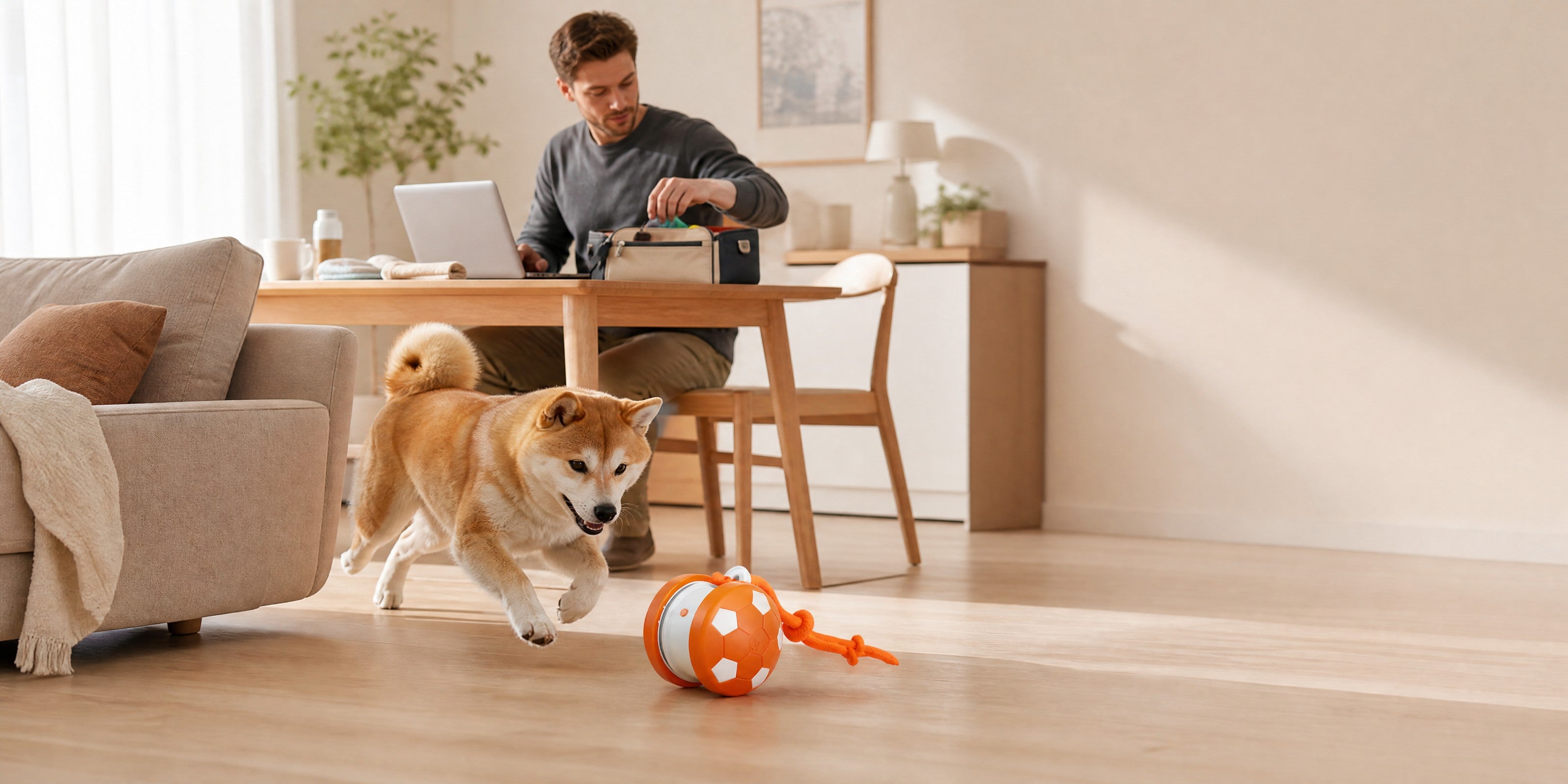 Dog chasing a rechargeable rolling pet toy indoors