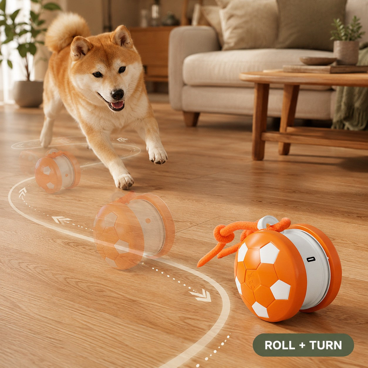 Rolling pet toy changing direction during play