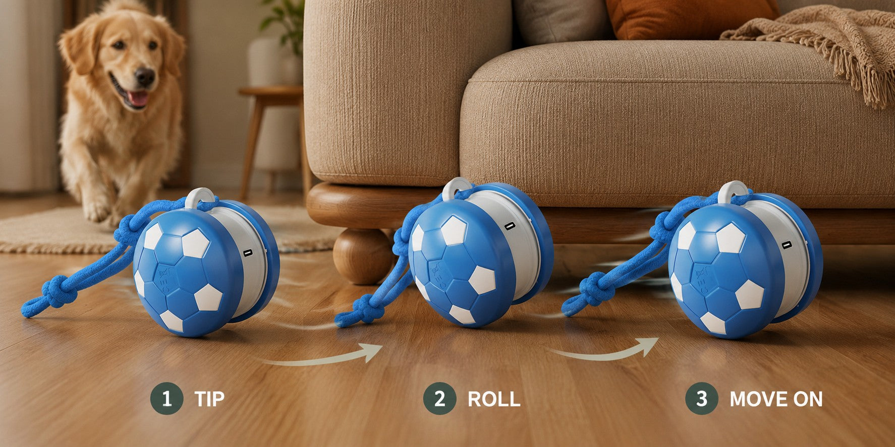 Pet toy tipping, rolling, and moving on