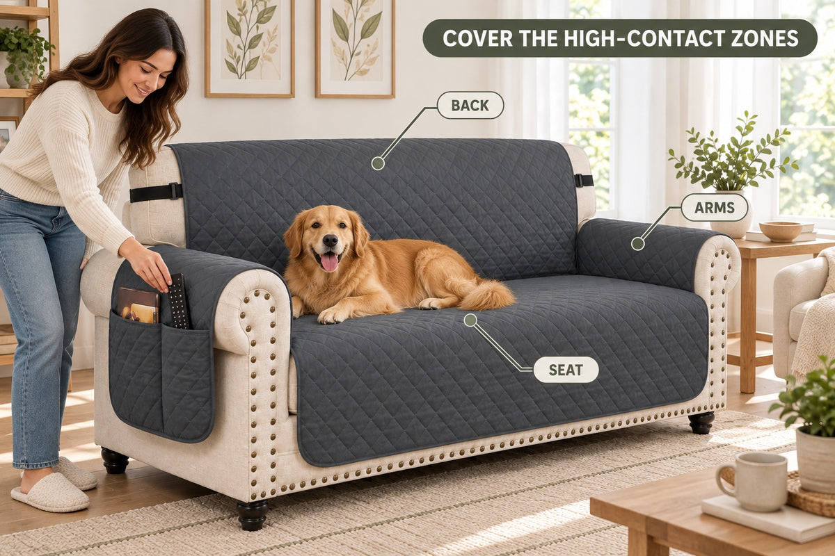 Quilted coverage across the sofa back seat and arms