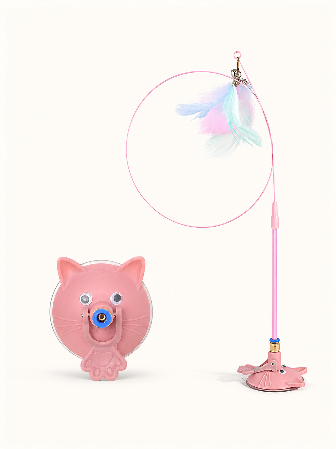 Blush Pink suction cup feather cat teaser wand with cat face base