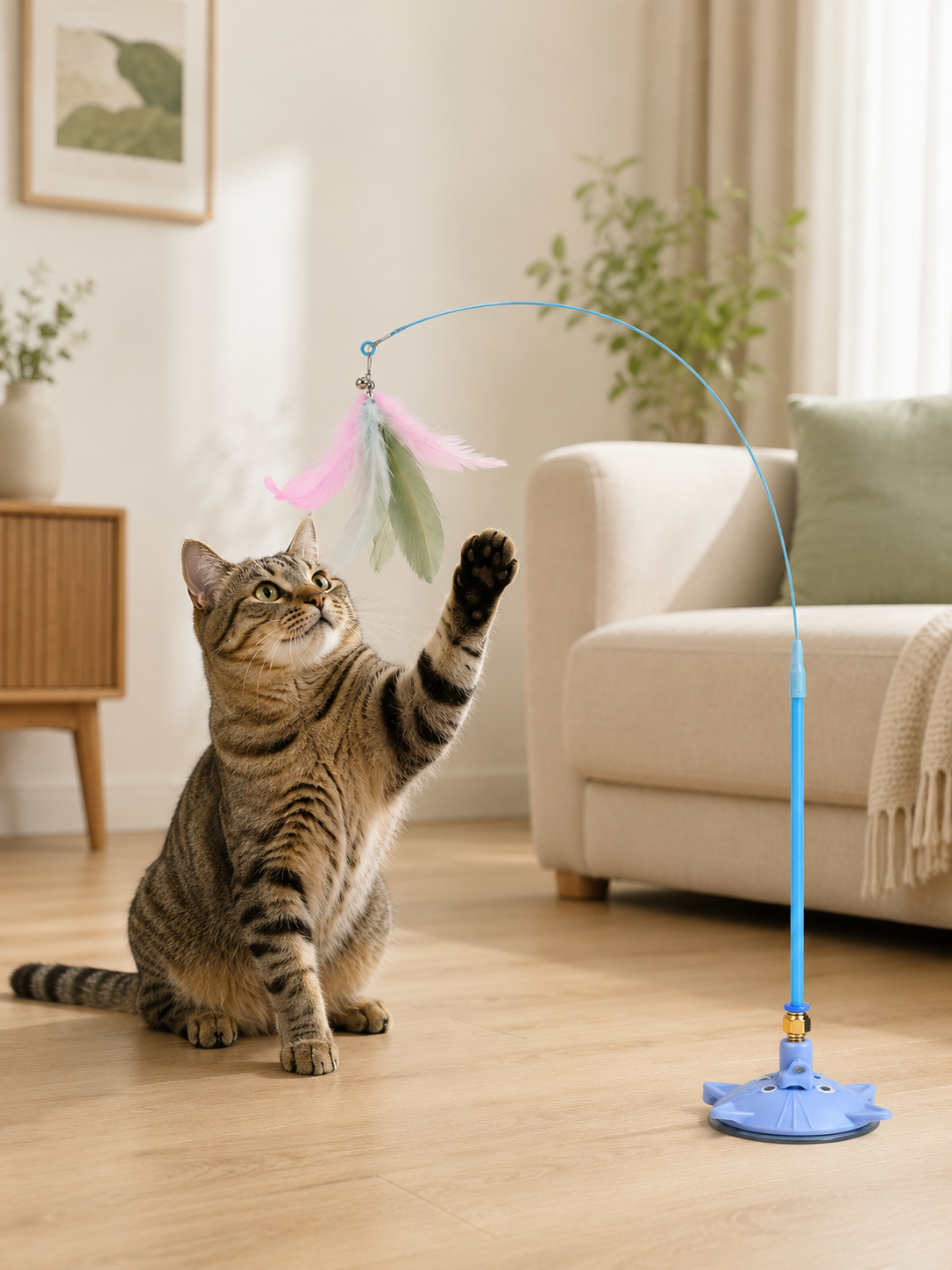Cat playing with the suction cup feather cat teaser wand on the floor