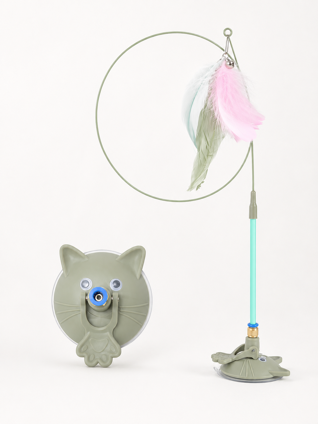 Sage Green suction cup feather cat teaser wand with cat face base