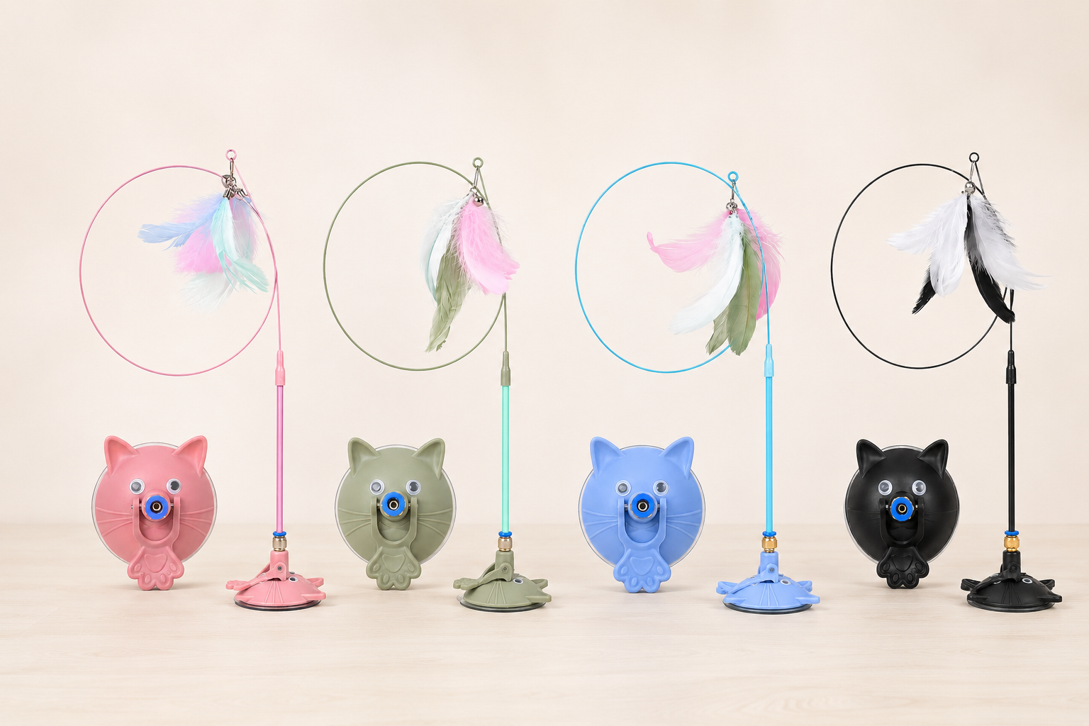Four color options for the suction cup feather cat teaser wand