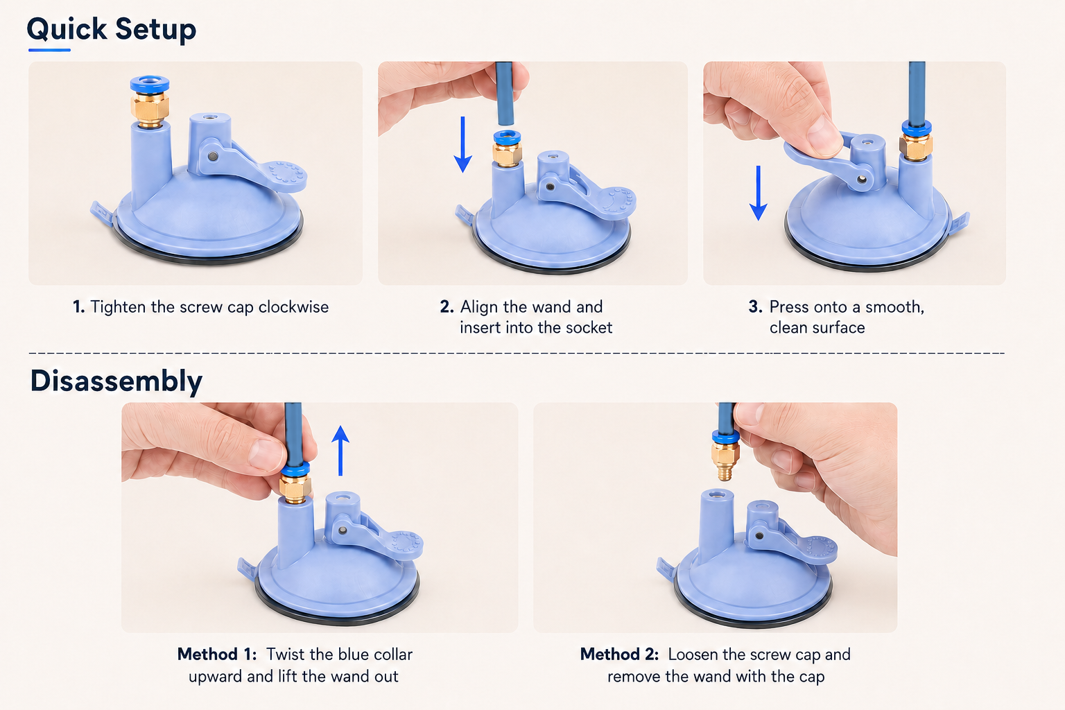 Setup and disassembly guide for the suction cup feather cat teaser wand