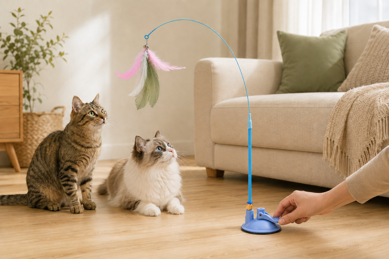 Two cats watching the suction cup feather teaser wand being set up