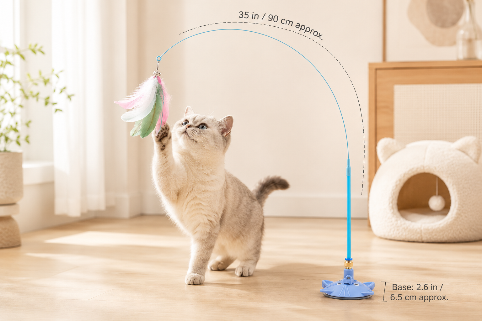 Size guide showing the suction cup feather cat teaser wand length and base size